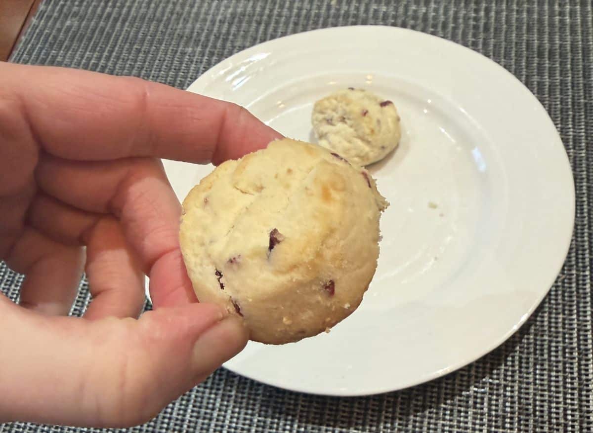 Closeup image of a hand holding one shortbread cookie close to the camera with a plate of cookies in the background.