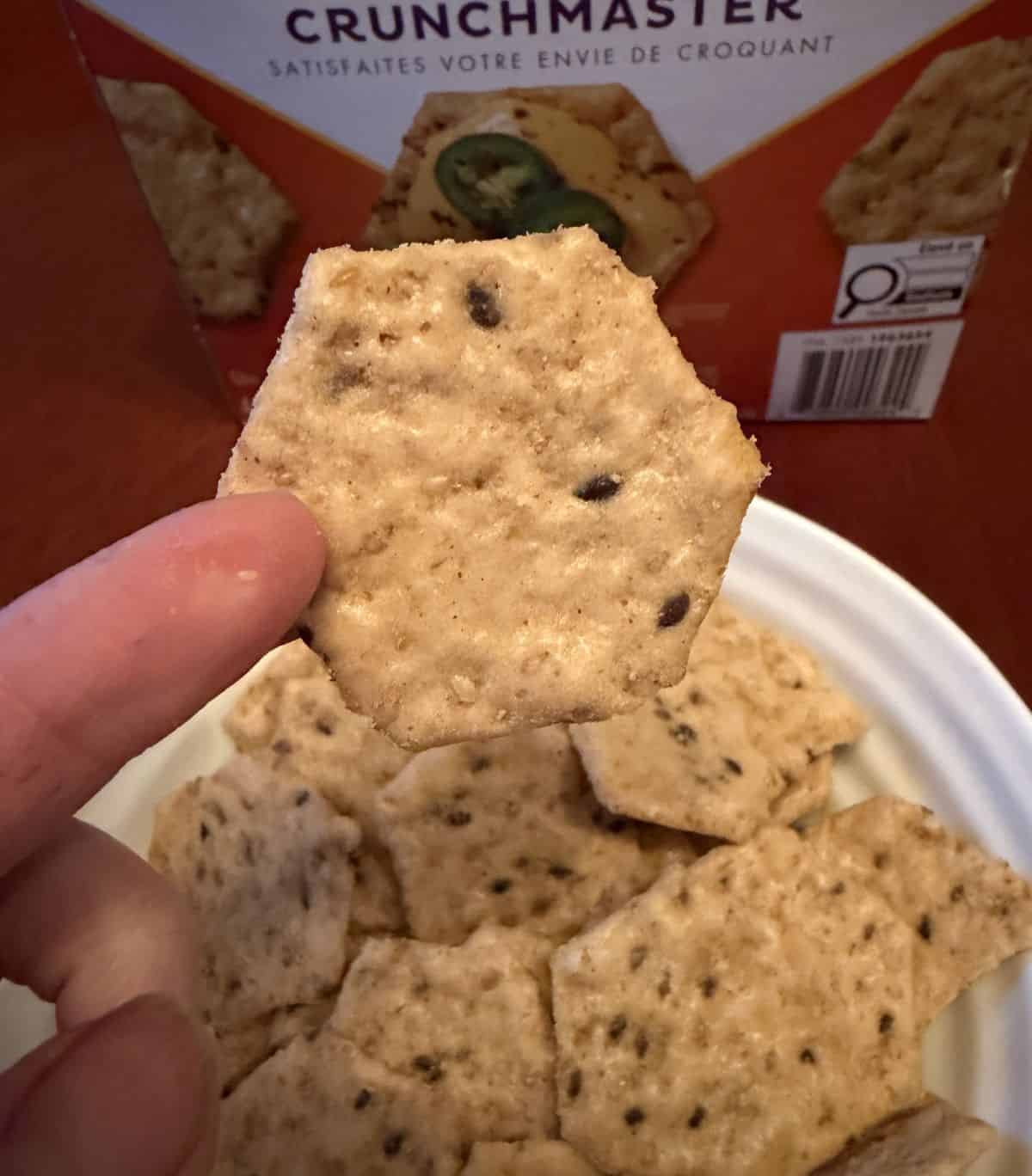 Image of a hand holding one queso cracker close to the camera hovering over a bowl of crackers.