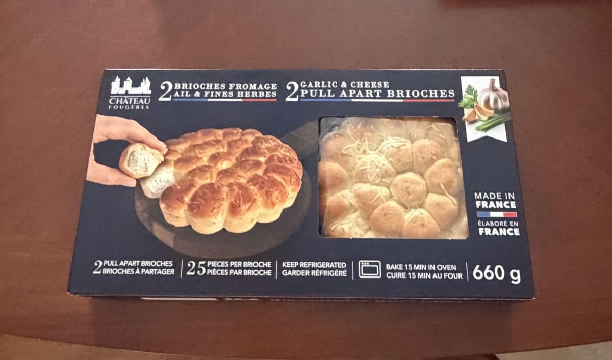 Image of the Costco Chateau Fougeres Garlic & Cheese Pull Apart Brioches box sitting on a table unopened.