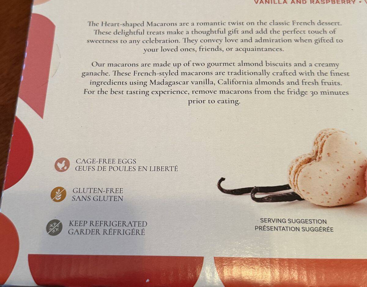 Image of the product description for the macarons from the back of the box.
