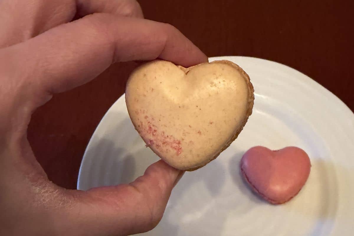 Image of a hand holding one vanilla heart-shaped macaron close to the camera.