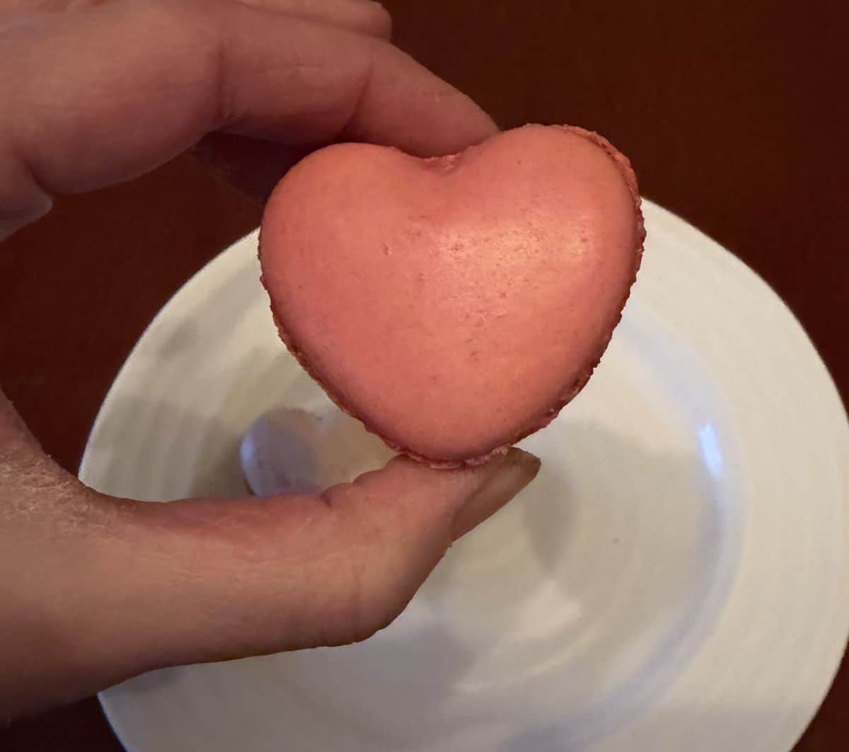 Image of a hand holding one heart-shaped raspberry macaron close to the camera.