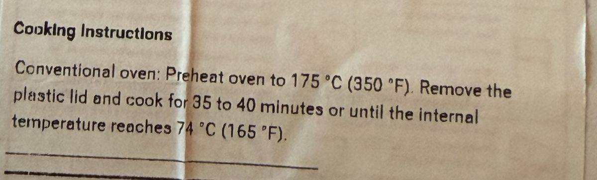 Image of the cooking instructions from the front label.