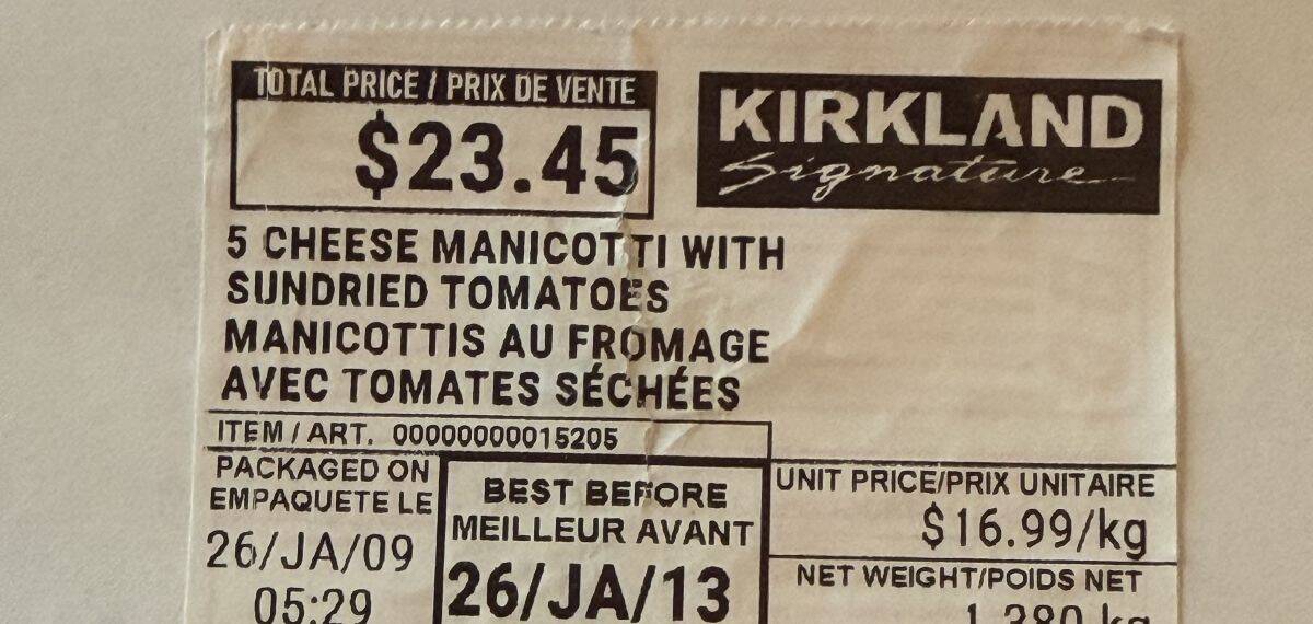 Closeup image of the front label showing cost and expiry date for manicotti.