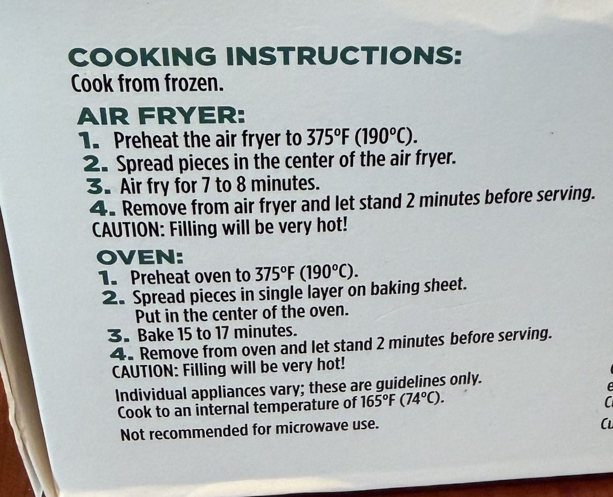 Image of the cooking instructions for the blueberry & brie bites from the back of the box.