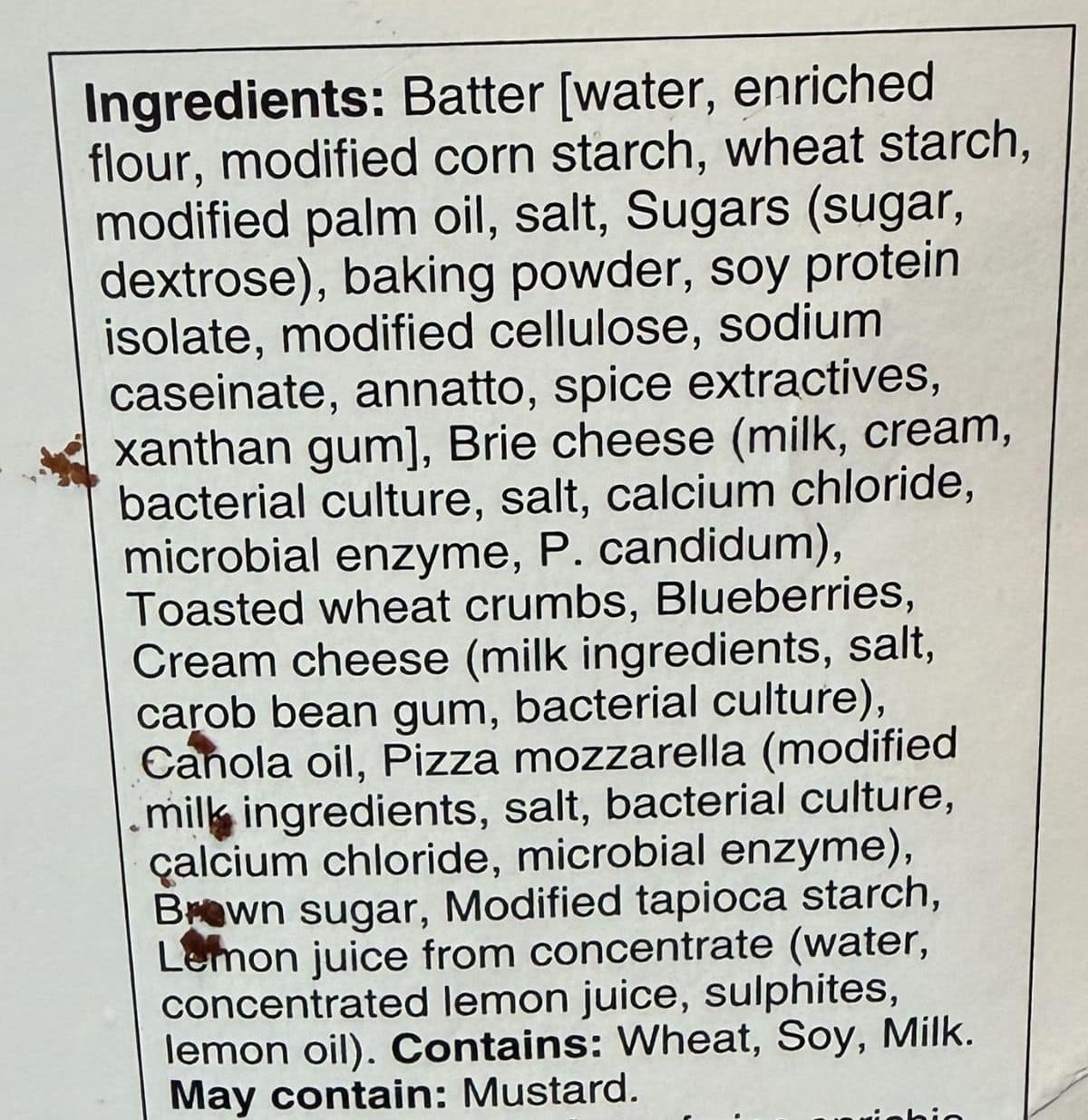 Image of the ingredients list for the bites from the back of the box.