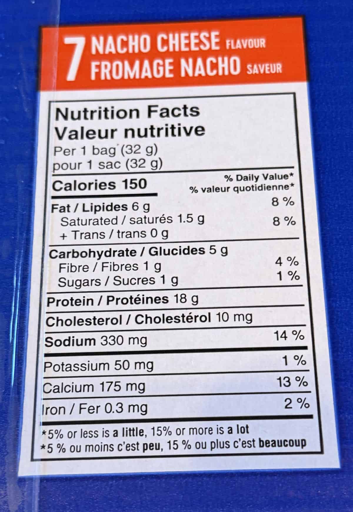 Image of the nacho cheese nutrition facts.