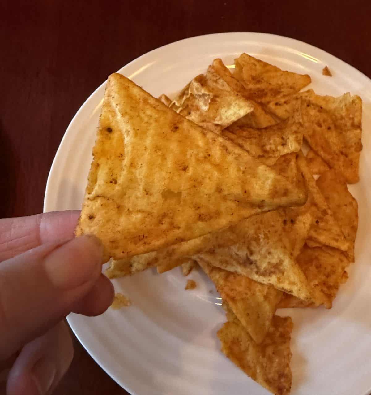 Image of a hand holding one chili lime chip close to the camera.