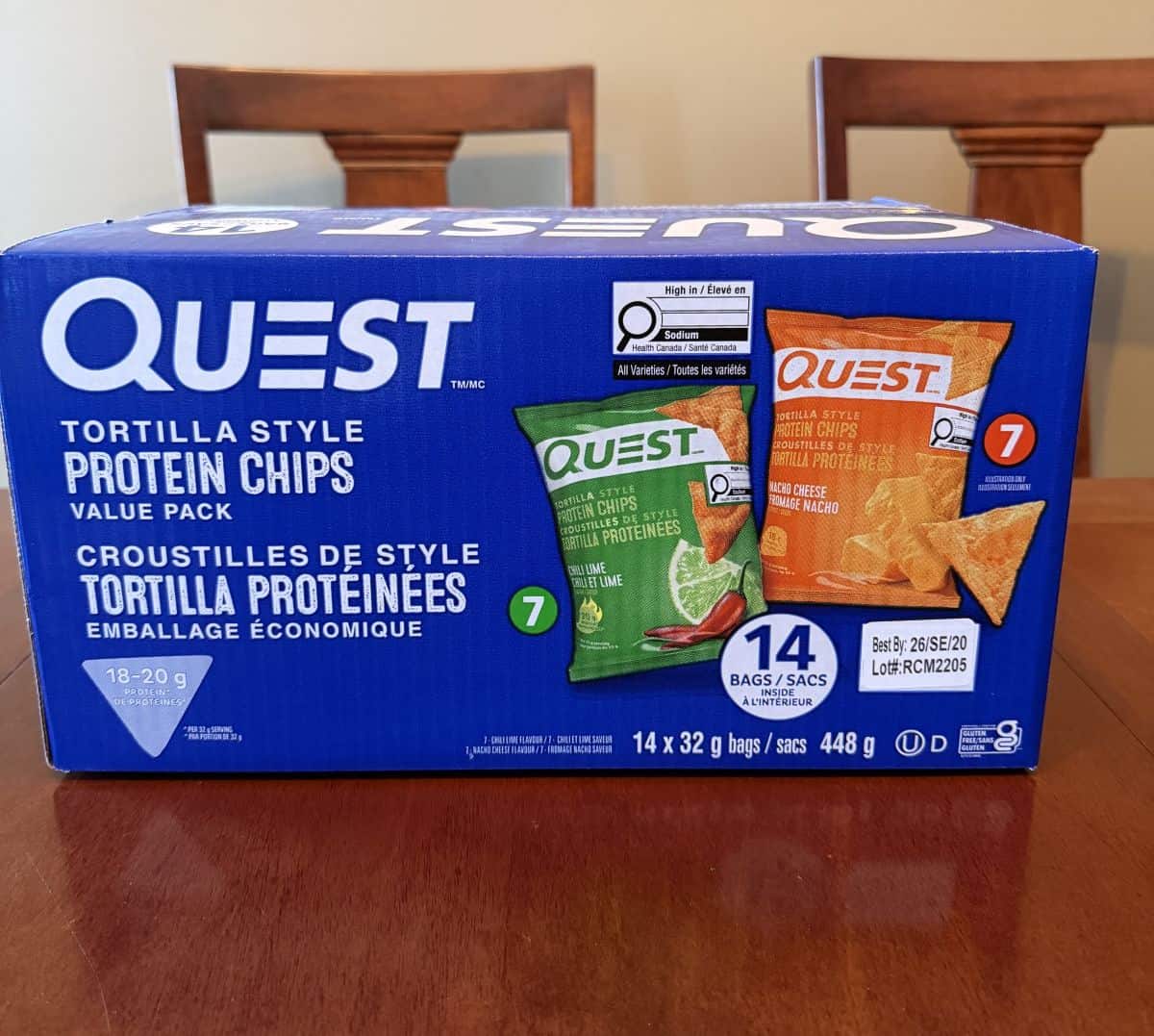 Image of the Costco Quest Tortilla Style Protein Chips box sitting on a table unopened.
