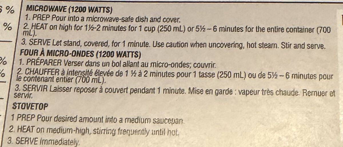 Image of the heating instructions for the soup from the packaging.