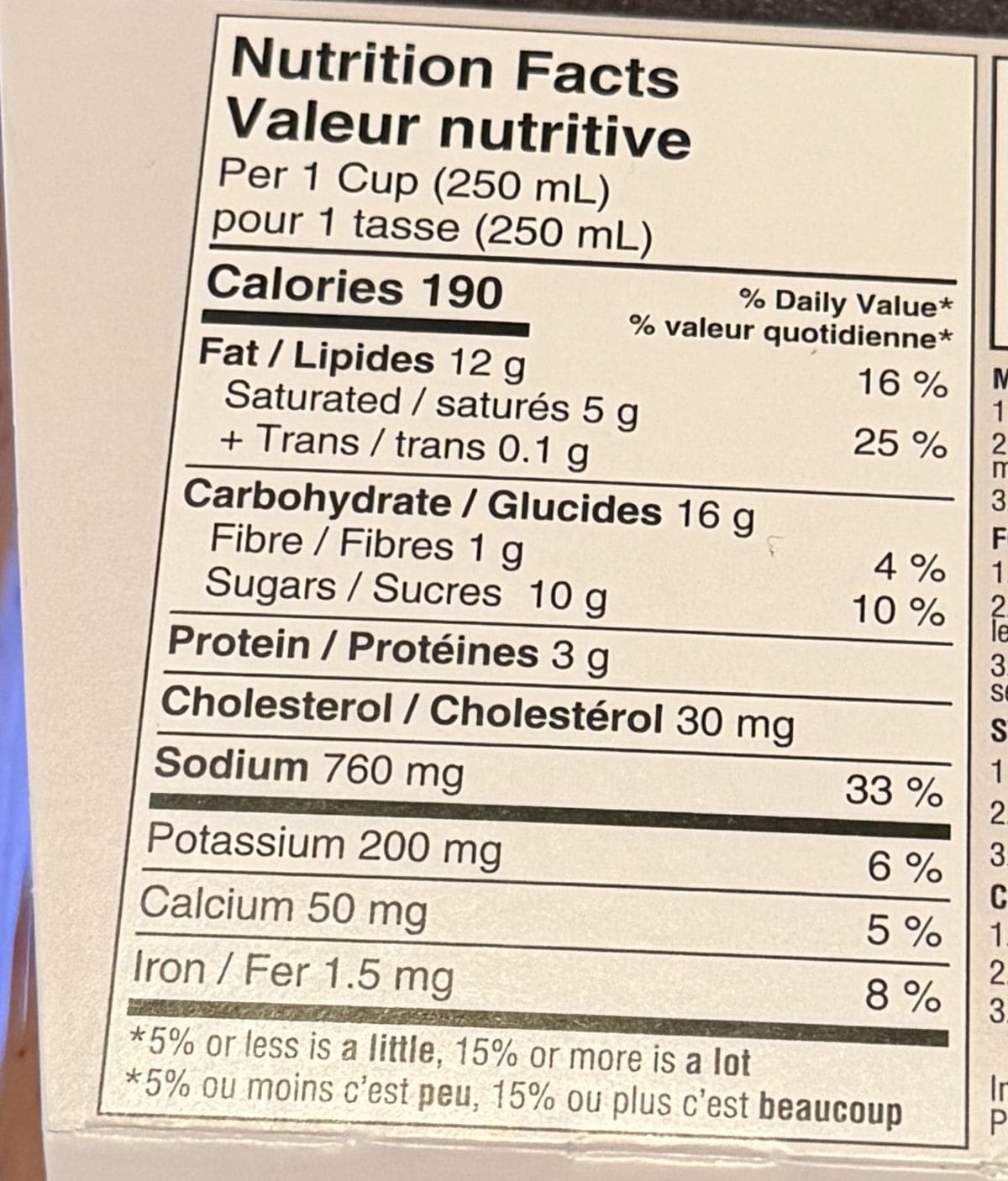 Image of the nutrition facts from the back of the package.