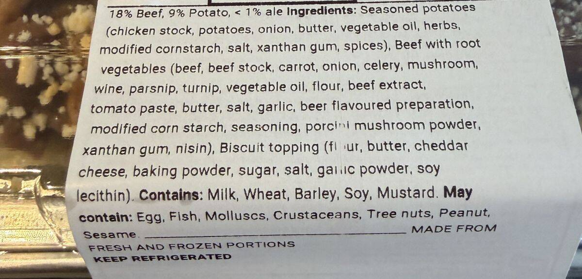 Image of the ingredients list for the Kirkland Signature Steak and Ale Potato Bake.