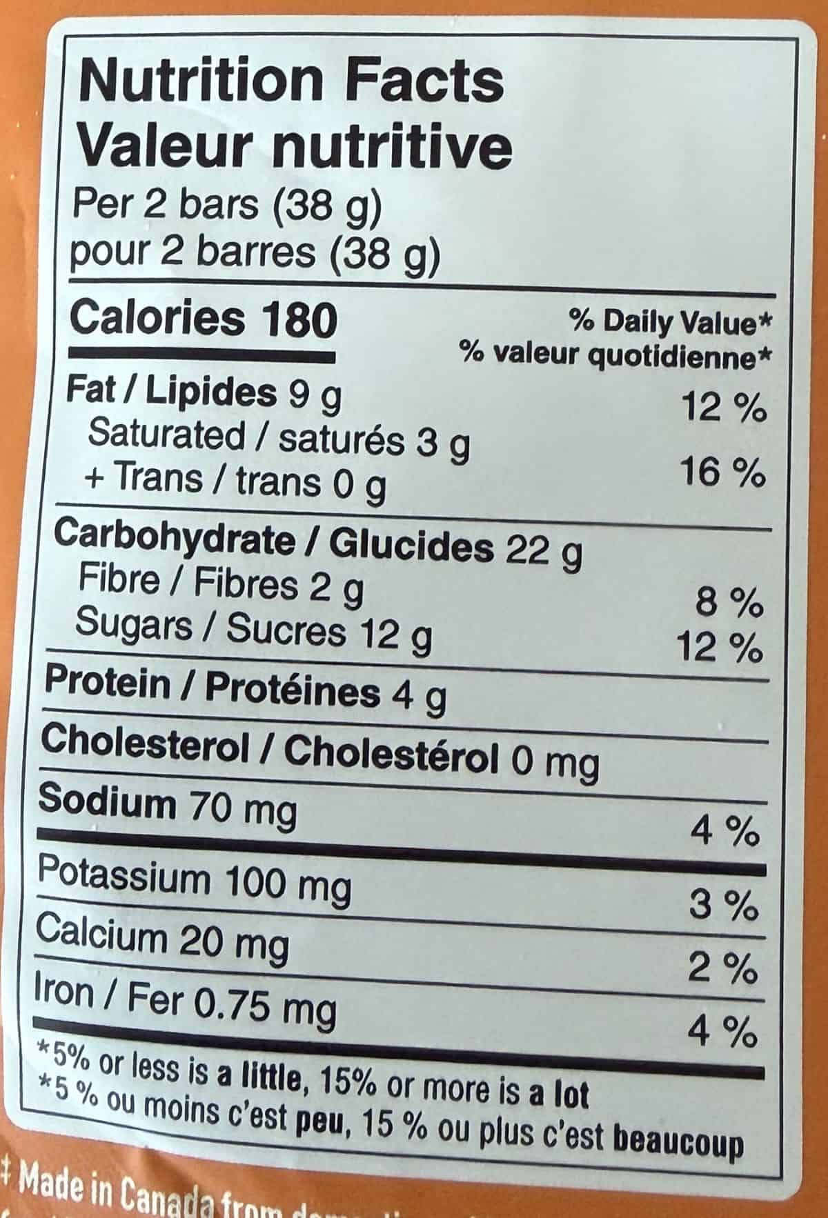 Image of the nutrition facts from the back of the bag.