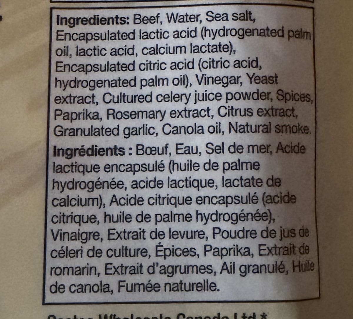 Image of the ingredients for the beef sticks from the back of the package.