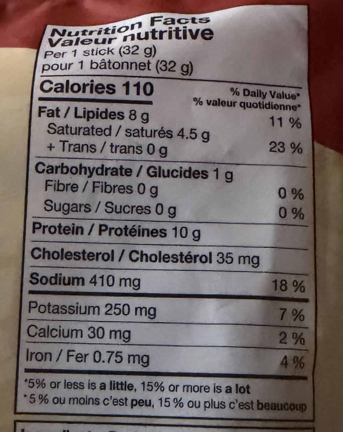 Image of the nutrition facts for the beef sticks from the back of the package.