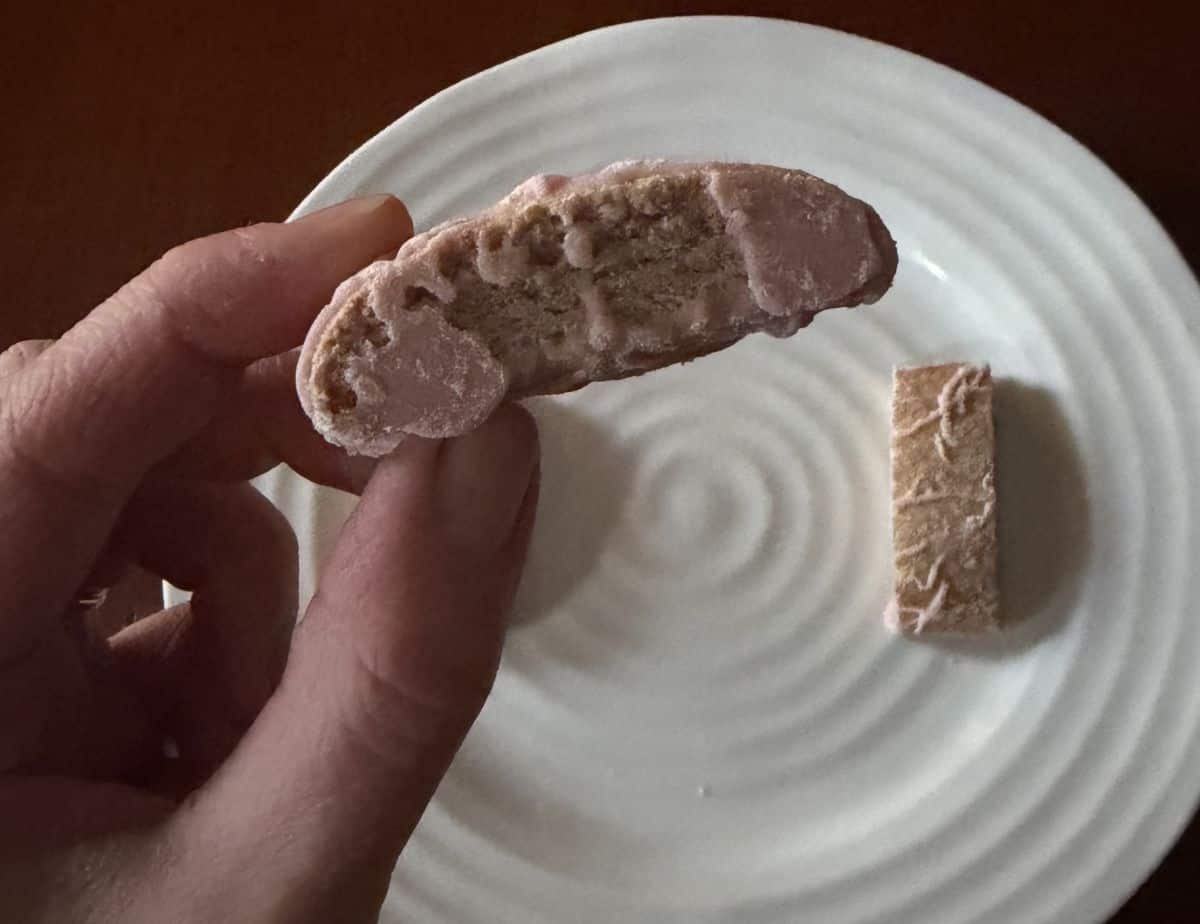 Image of a hand holding one Nonni's Raspberry Biscotti over a plate.