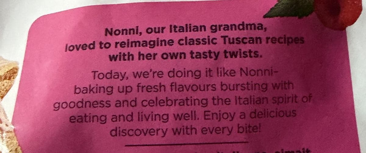 Image of the Nonni's product/company description from the back of the bag.