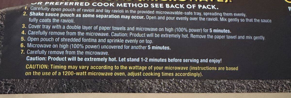 Image of the microwave heating instructions from the back of the package.