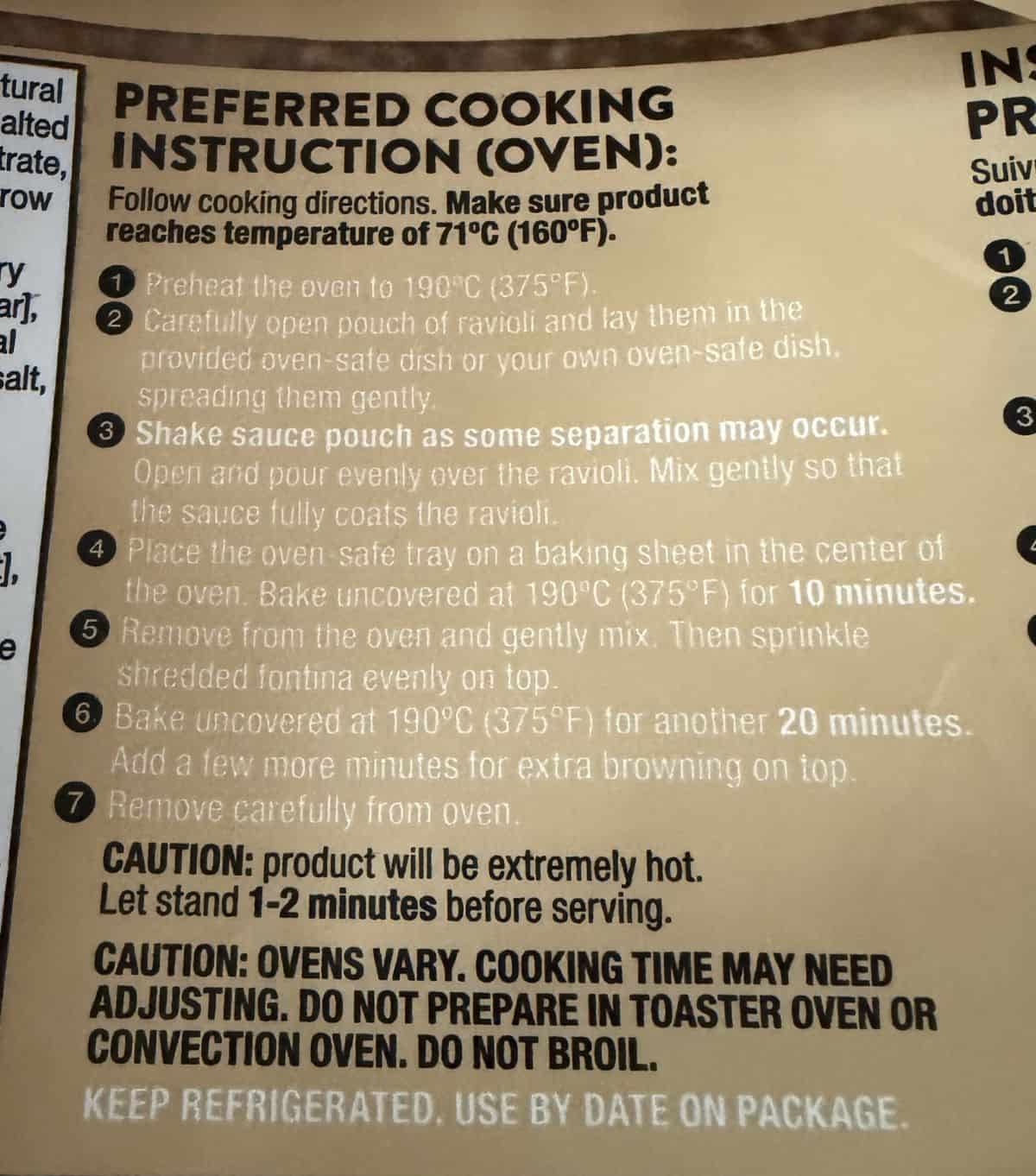 Image of the oven heating instructions from the back of the package.