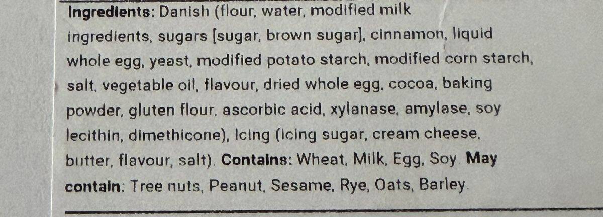 Image of the ingredients list for the cinnamon danish rolls from the label.