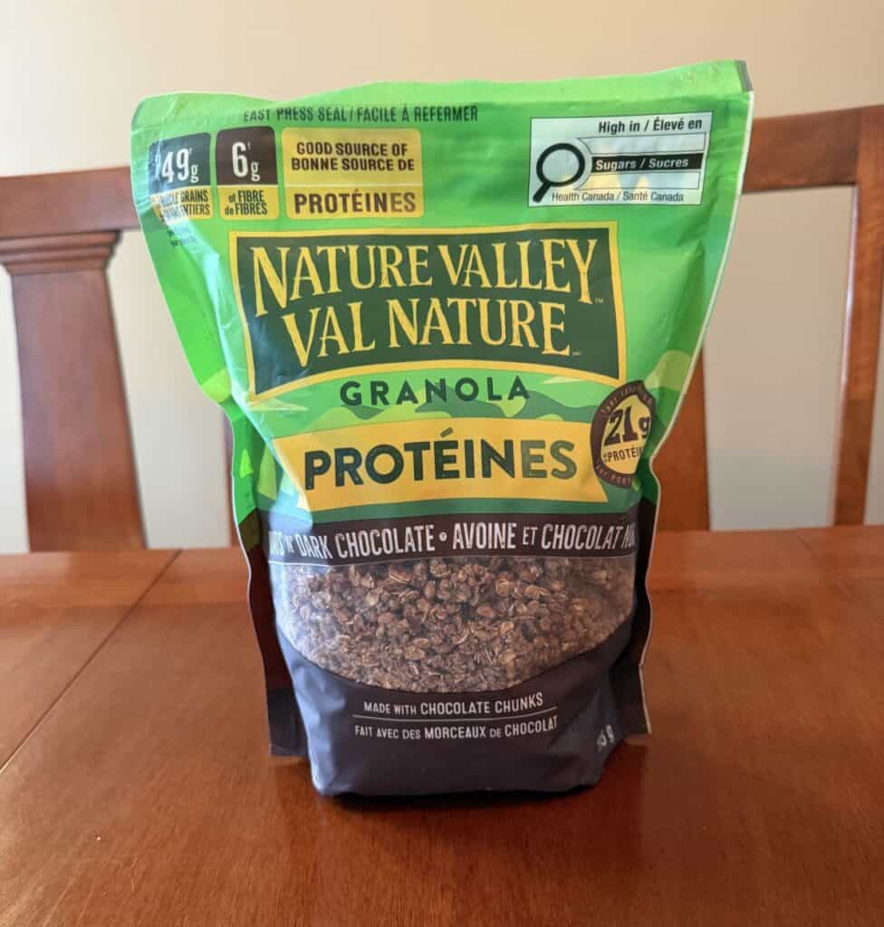 Image of a bag of the Costco Nature's Valley Protein Granola sitting on a table unopened.