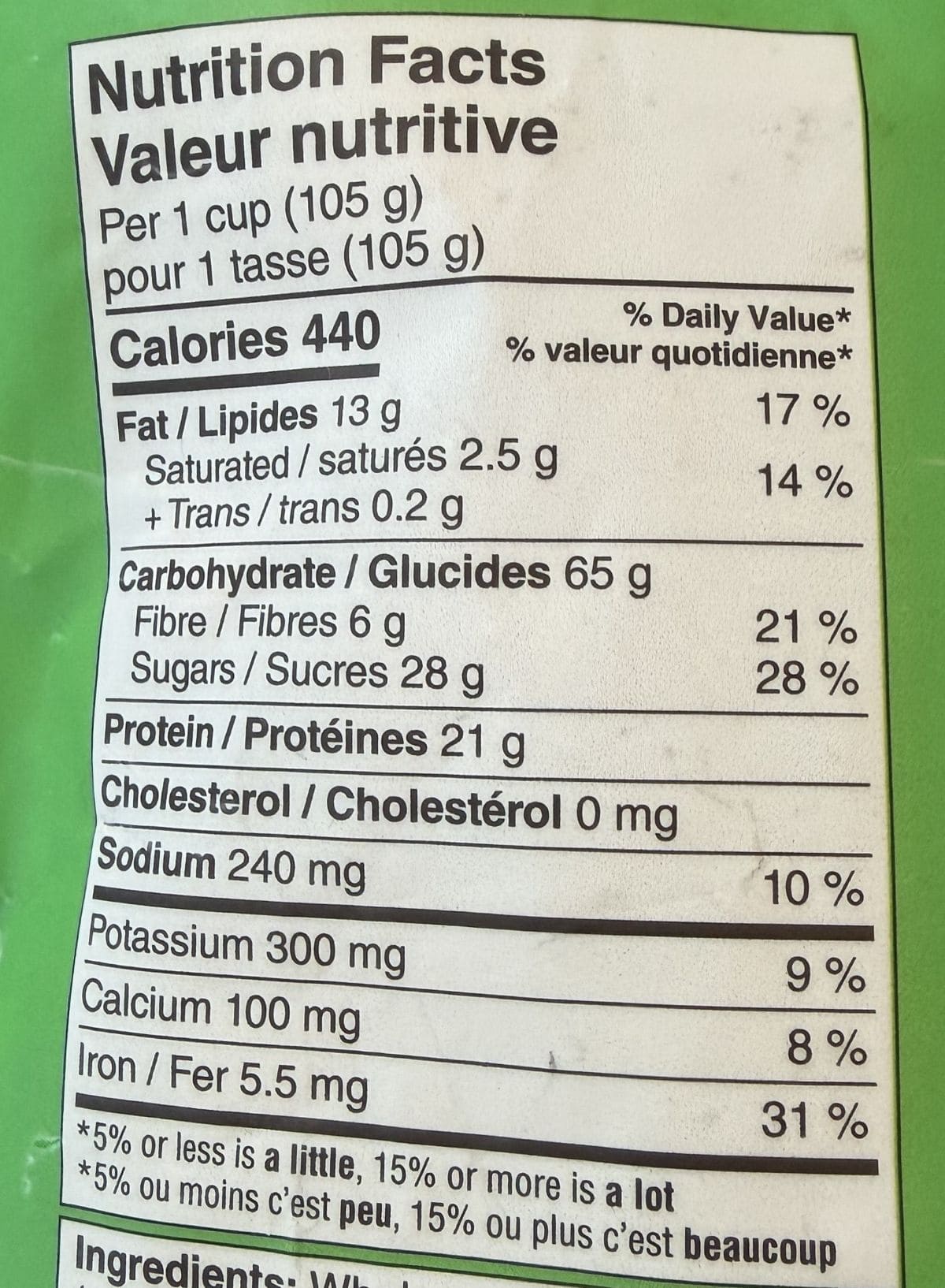 Image of the nutrition facts for the granola from the back of the bag.