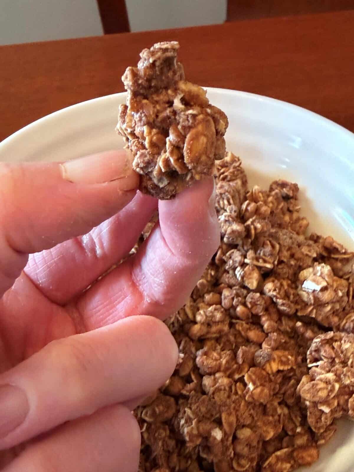 Closeup image of a hand holding one large granola cluster with a bowl of granola in the background.