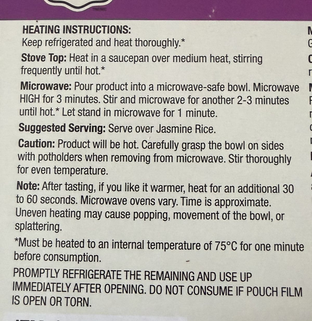 Image of the heating instructions for the kung pao chicken from the back of the box.