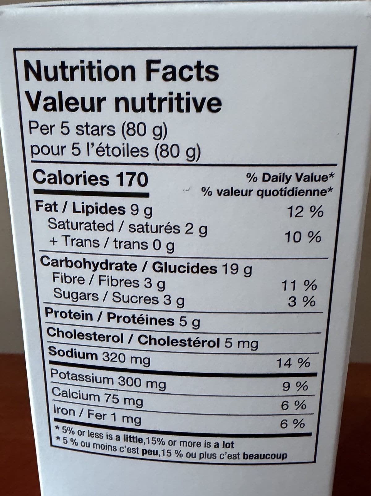 Image of the nutrition facts for the pizza stars.
