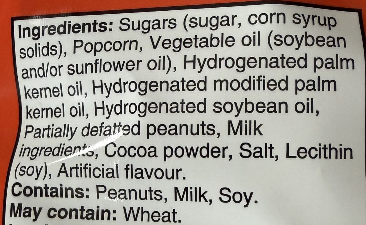Image of the ingredients for the popcorn from the back of the bag.