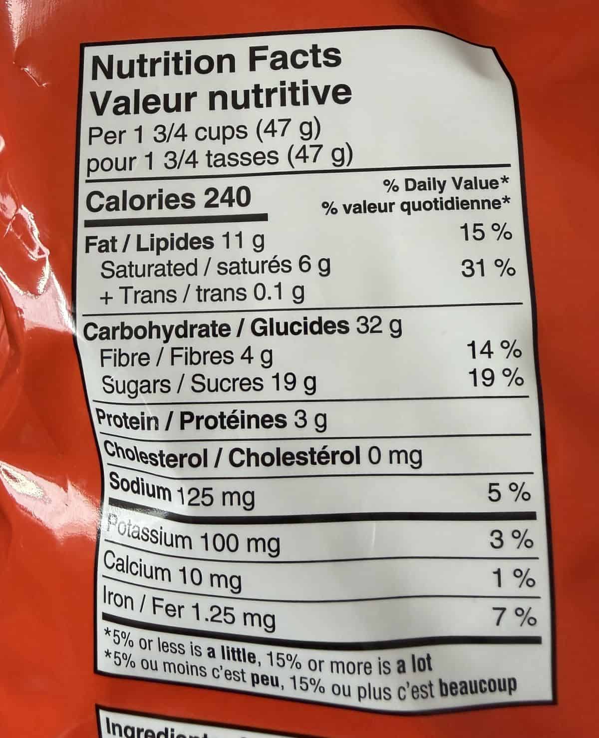 Image of the nutrition facts for the popcorn from the back of the bag.
