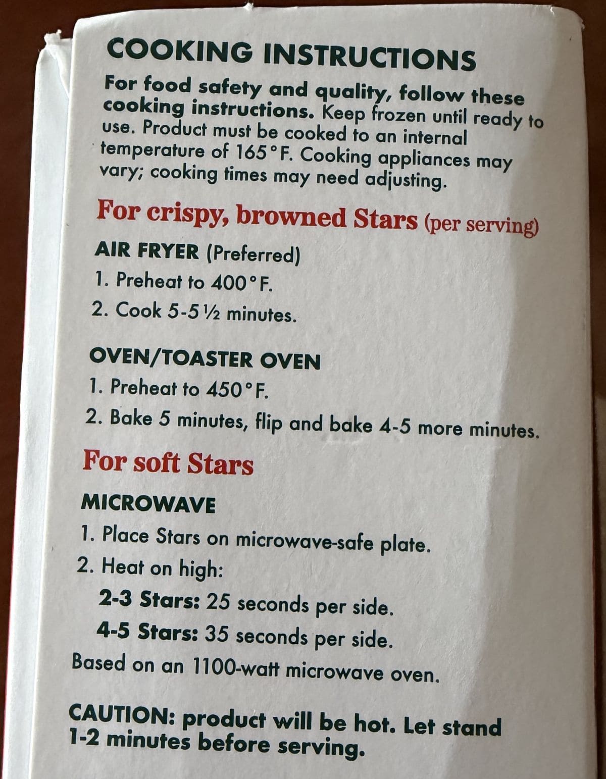 Image of the cooking instructions for the pizza stars.