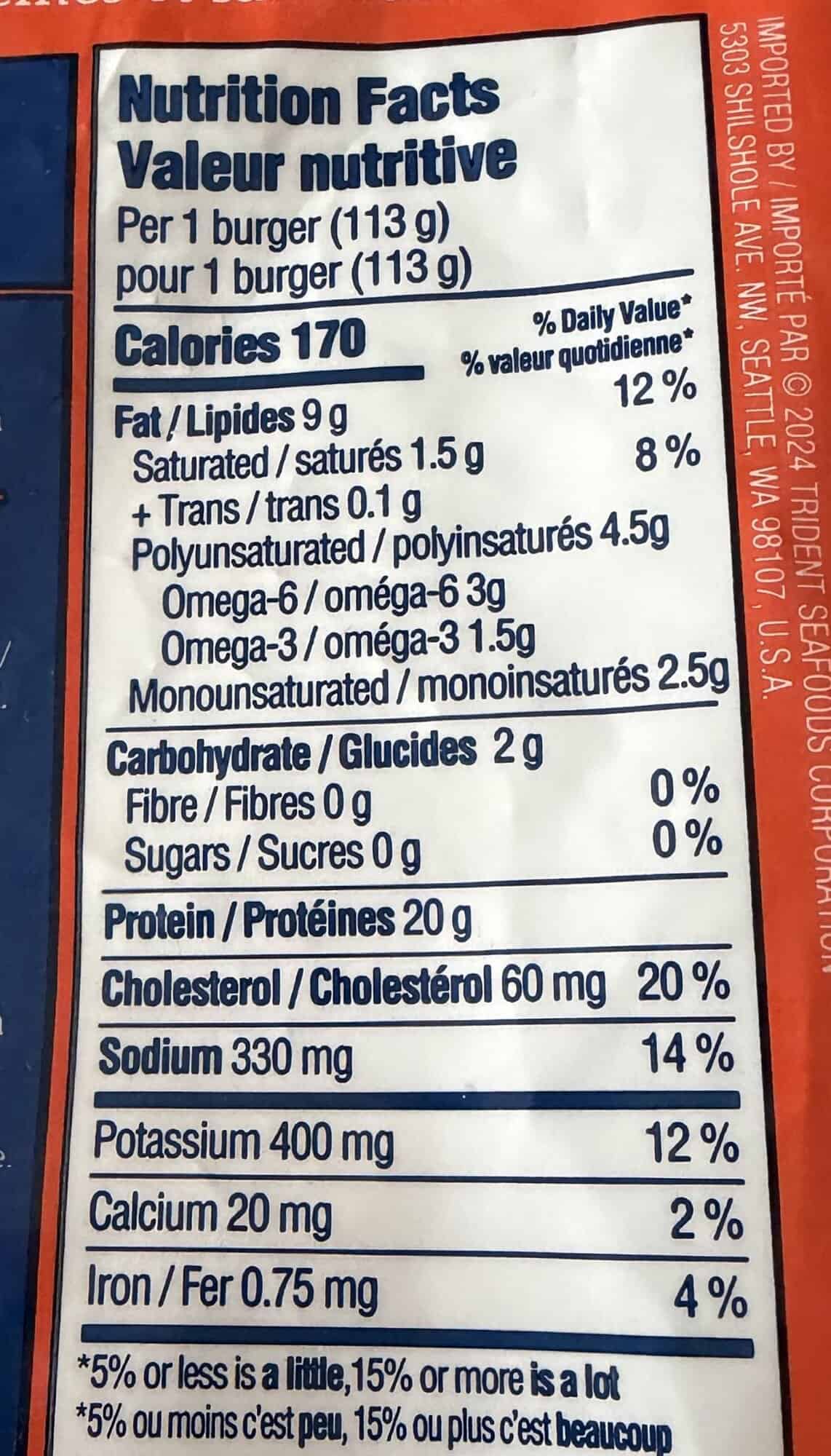 Image of the nutrition facts for the salmon burgers from the back of the bag.