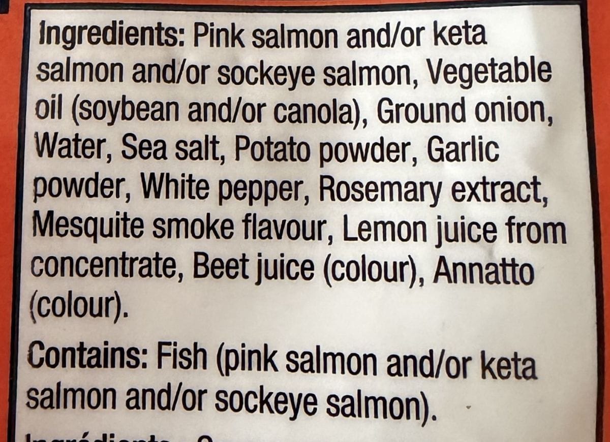 Image of the ingredients list for the salmon burgers from the back of the bag.