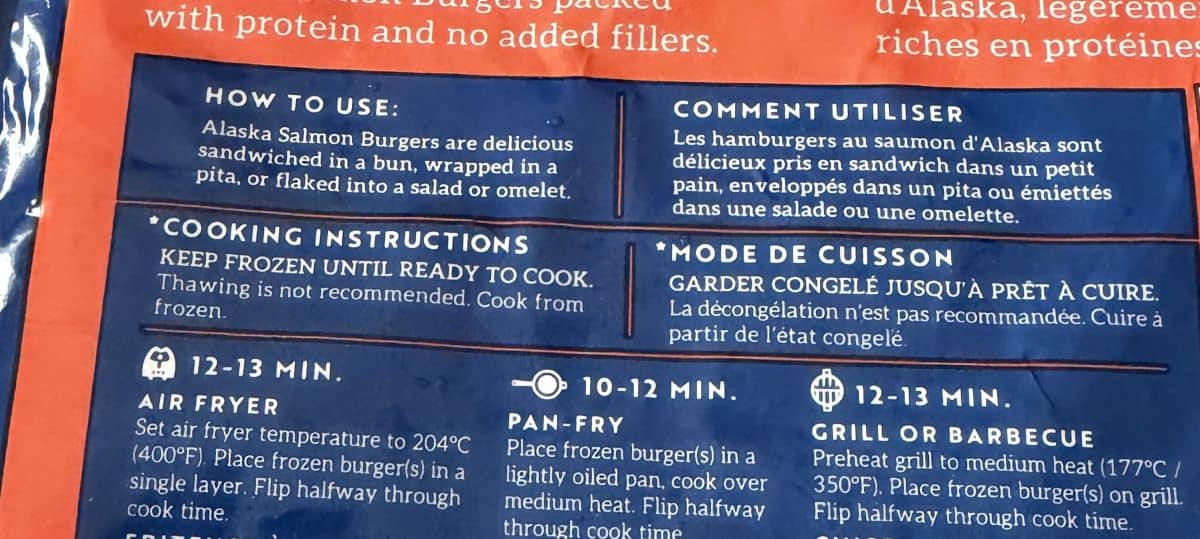 Image of the cooking instructions for the salmon burgers from the back of the bag.