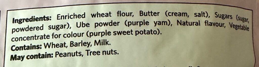 Image of the ingredients for the ube cookies from the back of the bag.