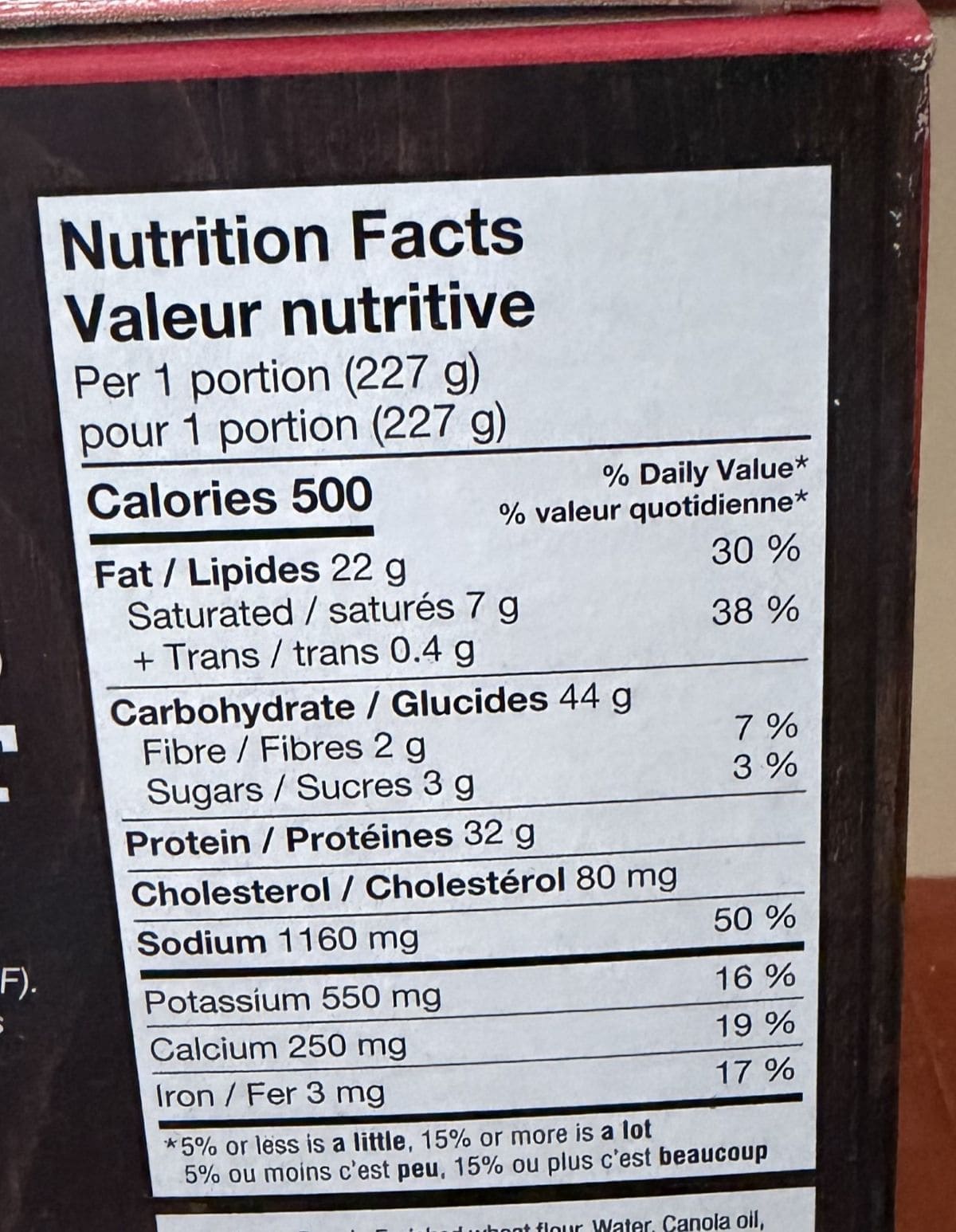 Image of the nutrition facts for the chicken bakes from the back of the box.