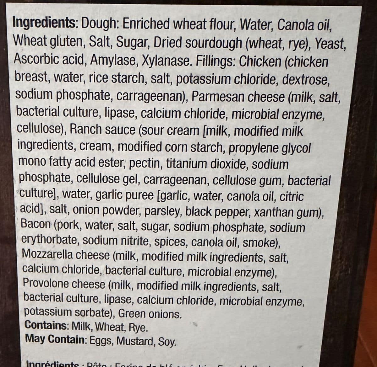 Image of the chicken bake ingredients list from the back of the box.