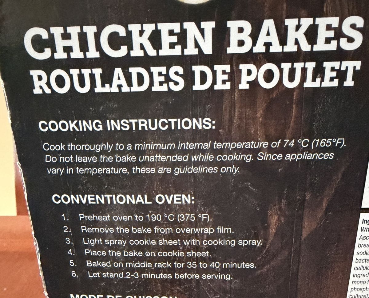 Image of the cooking instructions from the back of the box.