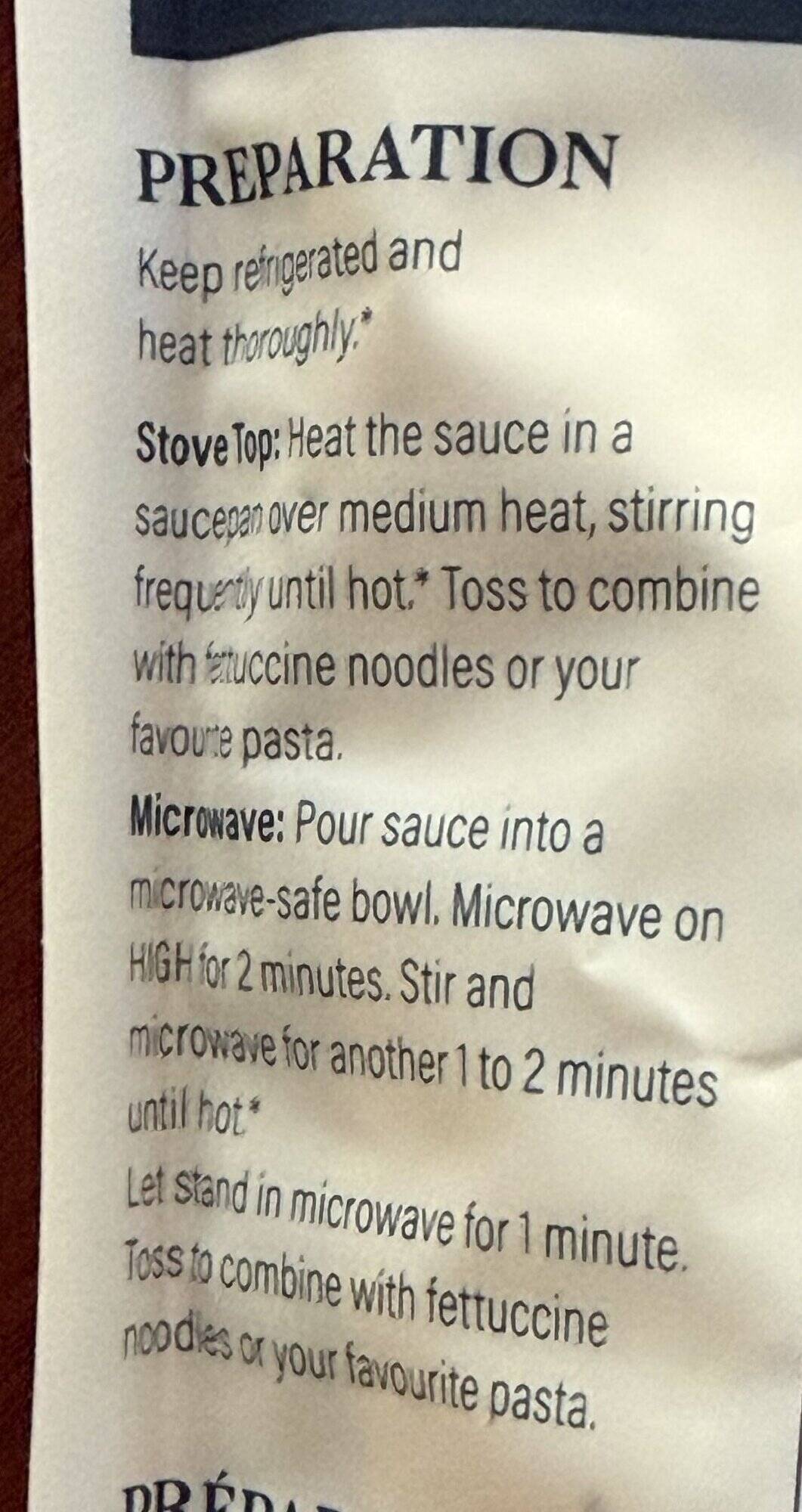 Image of the heating instructions for the sauce from the back of the bag. 
