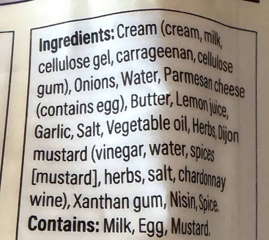 Image of the ingredients for the alfredo sauce from the back of the bag. 