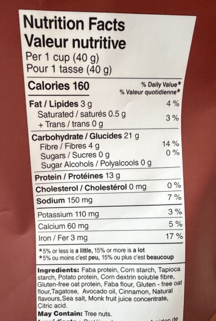 Image of the nutrition facts and ingredients from the back of the bag.