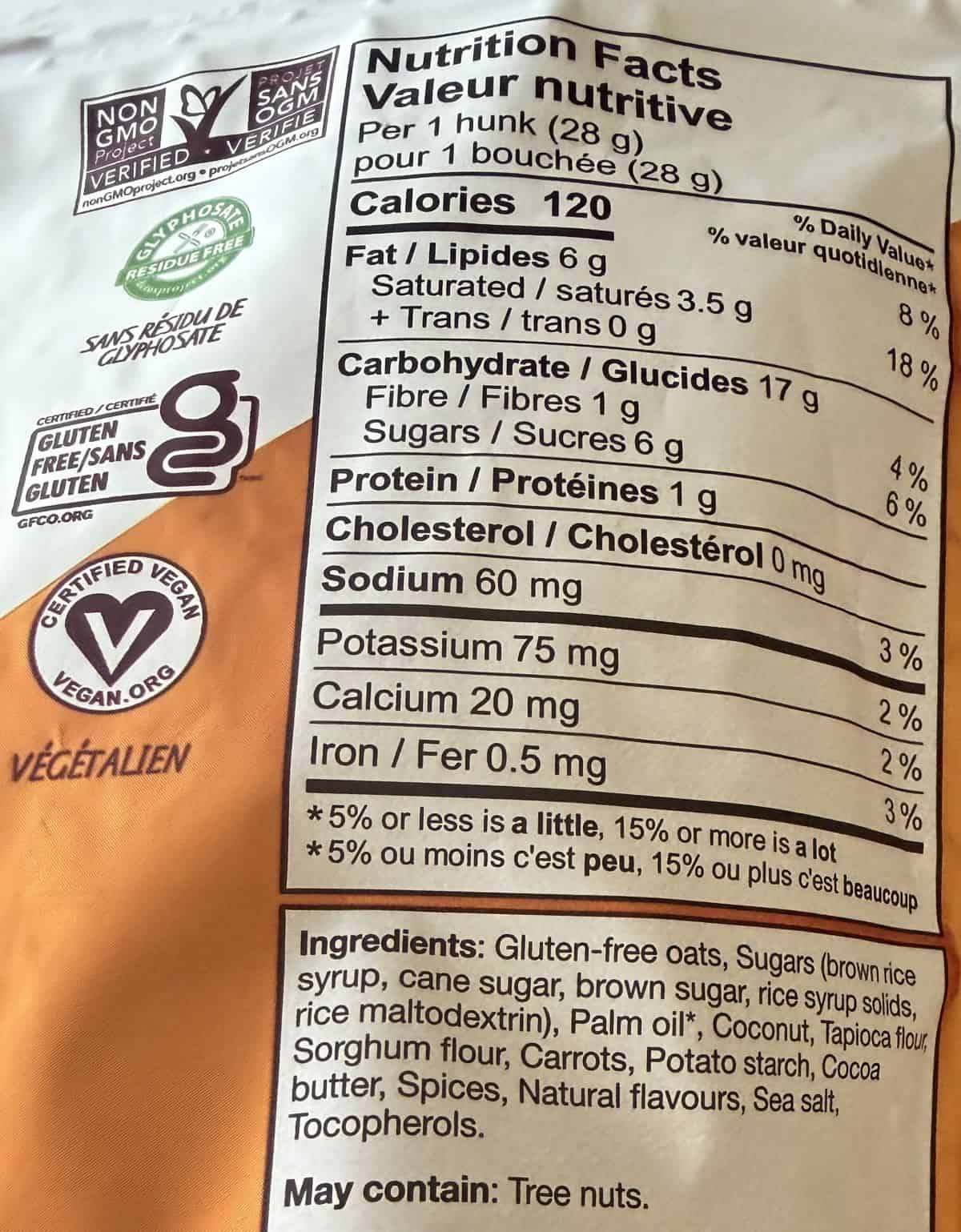 Image of the nutrition facts and ingredients for the heavenly hunks from the back of the bag.