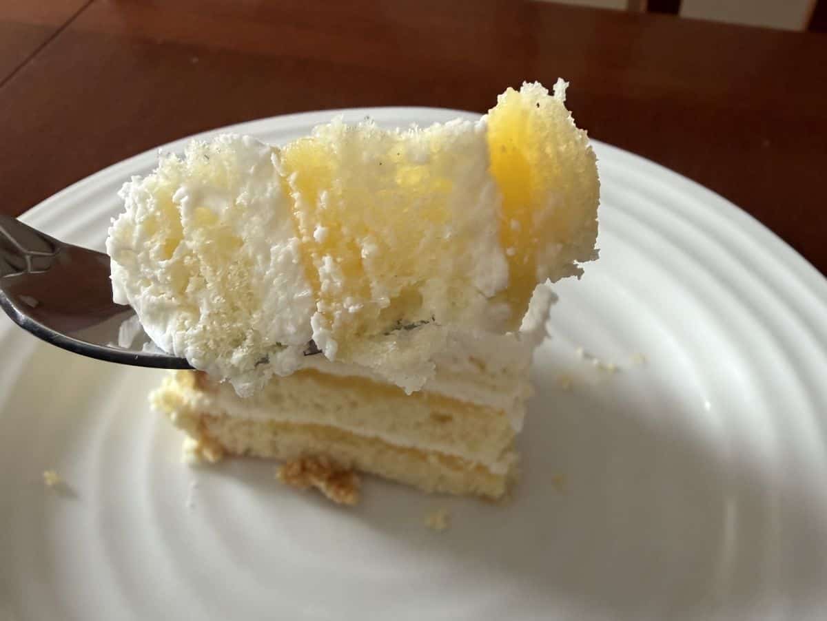Closeup image of a fork with a bite of cake on it with a slice of cake on a plate in the background.