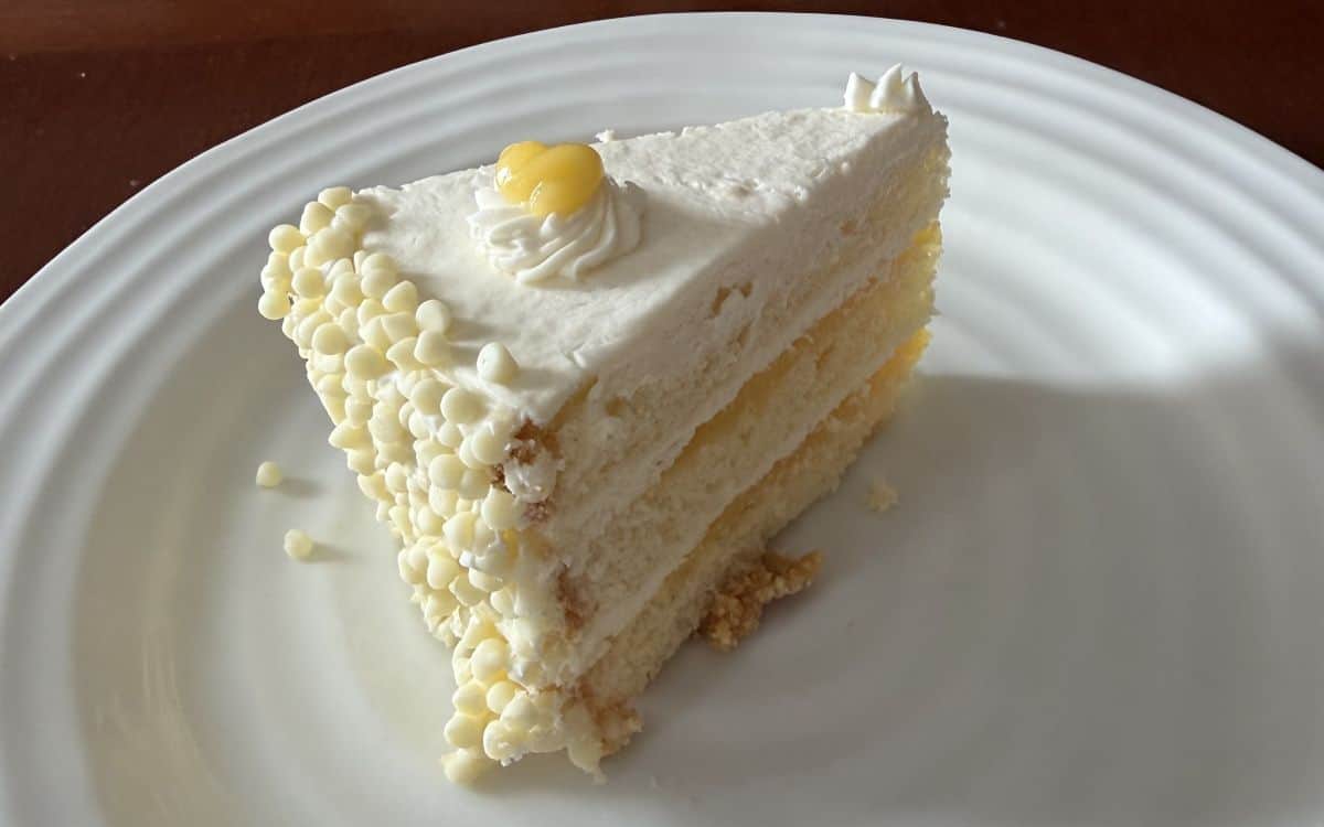Side-view, top-down image of one slice of cake served on a white plate.