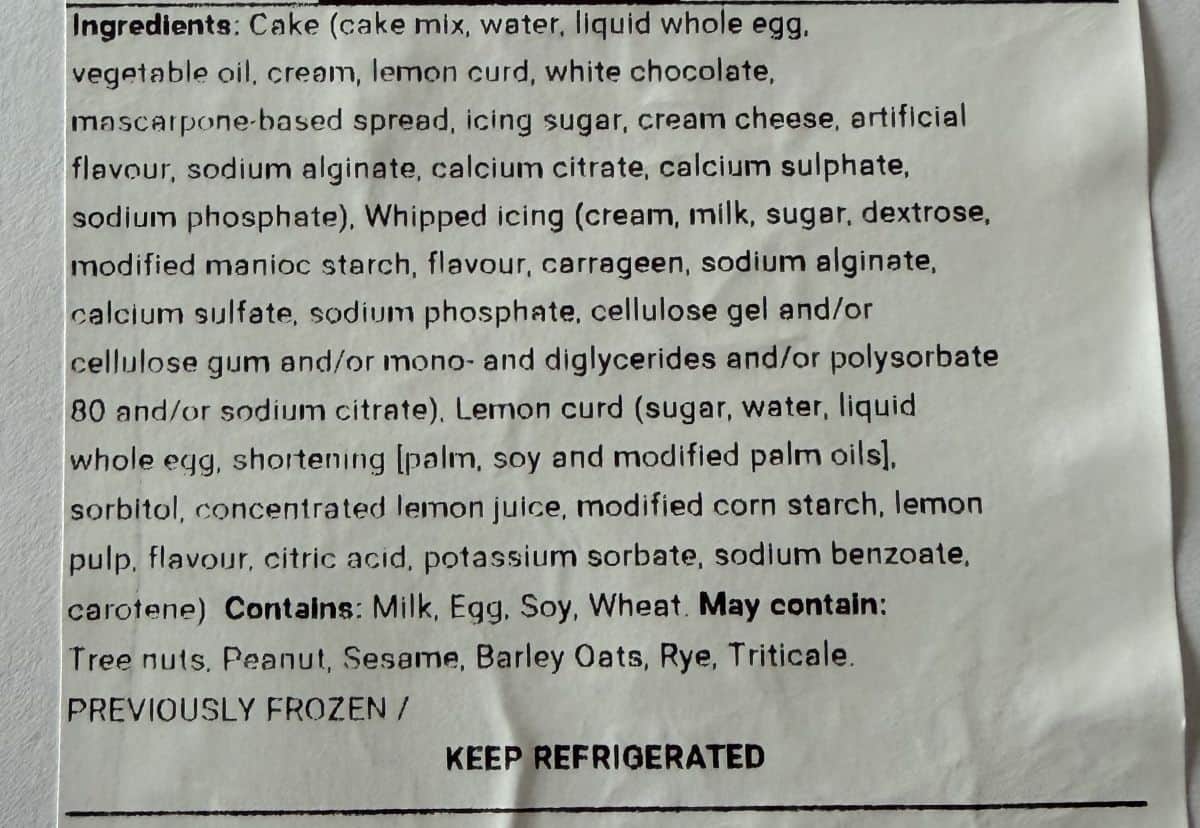 Image of the ingredients list from the label on the cake.