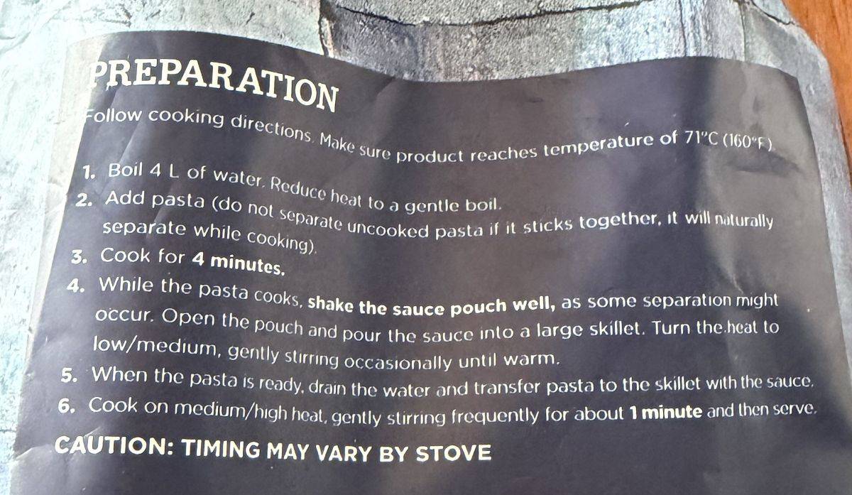 Image of the cooking directions from the back of the package.