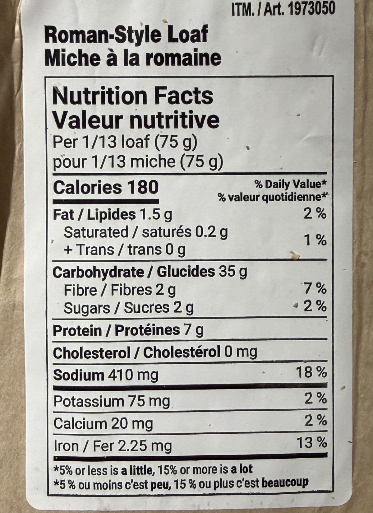 Image of the Pane Roma Sourdough nutrition facts.