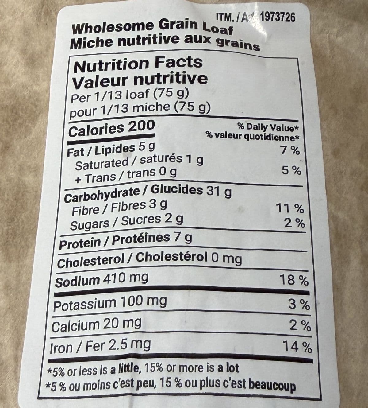 Image of the Wholesome Grains Sourdough nutrition facts.