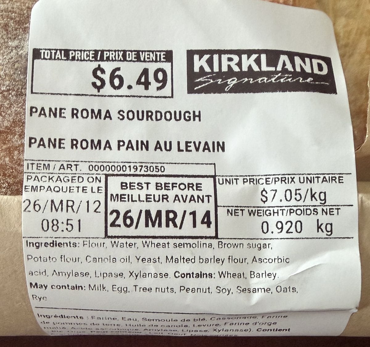 Image of the Pane Roma Sourdough ingredients from the package.